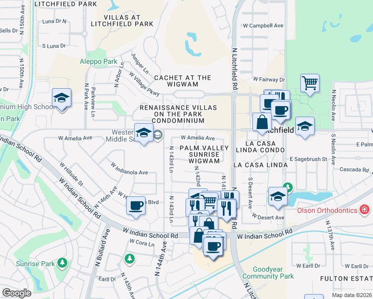 map of restaurants, bars, coffee shops, grocery stores, and more near 14295 West Piccadilly Avenue in Goodyear