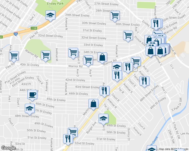 map of restaurants, bars, coffee shops, grocery stores, and more near 1613 41st Street Ensley in Birmingham