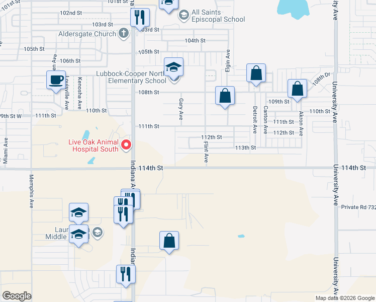 map of restaurants, bars, coffee shops, grocery stores, and more near 3123 113th Street in Lubbock