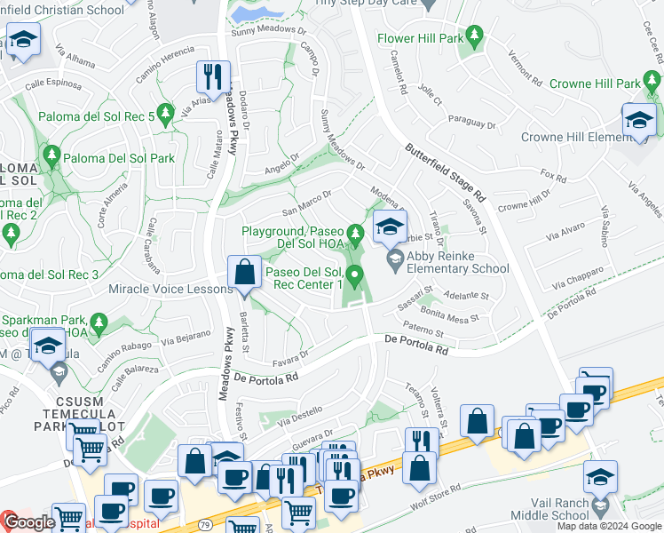 map of restaurants, bars, coffee shops, grocery stores, and more near 43741 Calabro Street in Temecula
