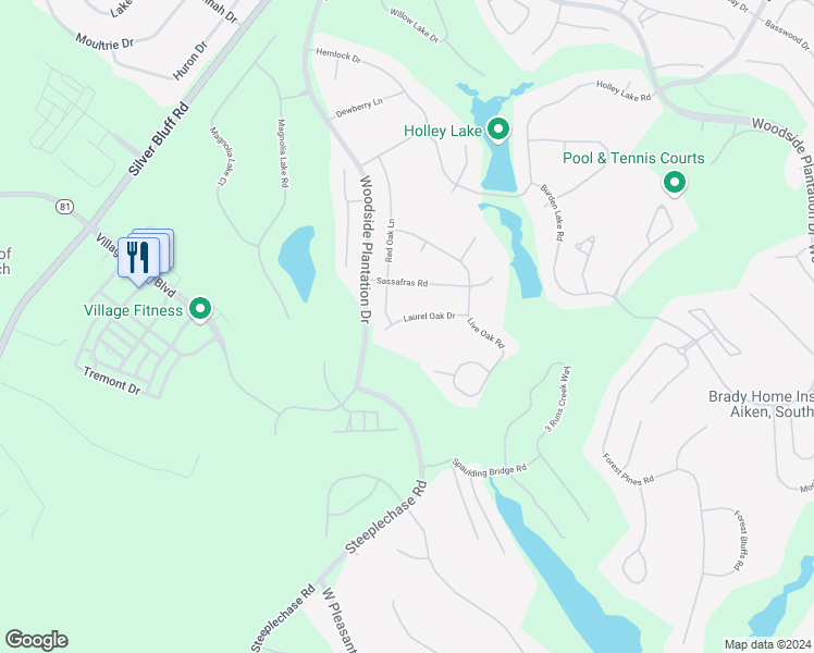 map of restaurants, bars, coffee shops, grocery stores, and more near 110 Laurel Oak Drive in Aiken