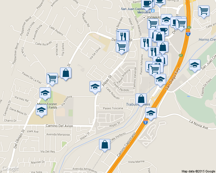 map of restaurants, bars, coffee shops, grocery stores, and more near 32422 Alipaz Street in San Juan Capistrano