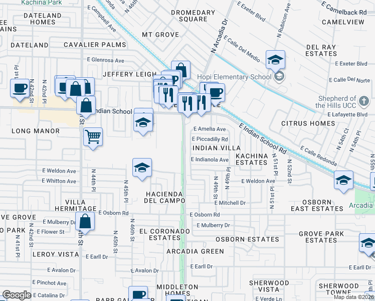 map of restaurants, bars, coffee shops, grocery stores, and more near 3830 North 48th Place in Phoenix