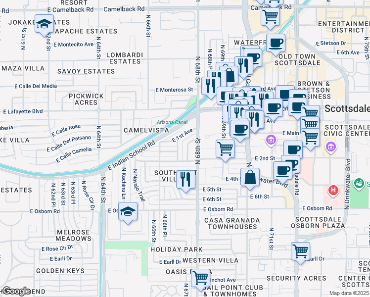 map of restaurants, bars, coffee shops, grocery stores, and more near 3810 North Pueblo Way in Scottsdale