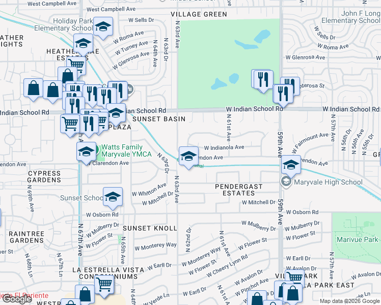 map of restaurants, bars, coffee shops, grocery stores, and more near 6230 West Clarendon Avenue in Phoenix