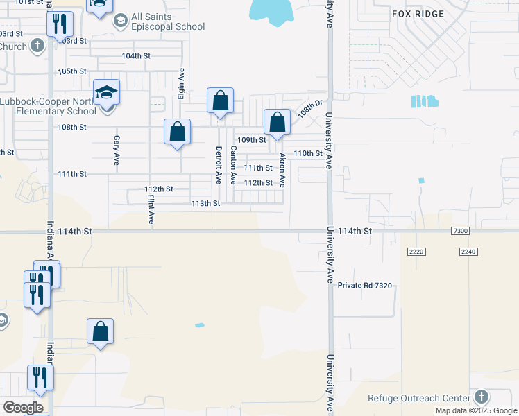 map of restaurants, bars, coffee shops, grocery stores, and more near 2611 113th Street in Lubbock