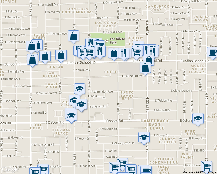 map of restaurants, bars, coffee shops, grocery stores, and more near 2940 East Clarendon Avenue in Phoenix