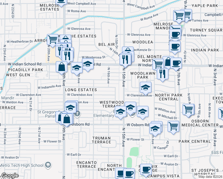 map of restaurants, bars, coffee shops, grocery stores, and more near 1549 West Indianola Avenue in Phoenix
