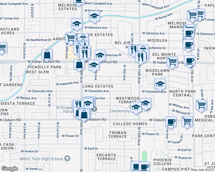map of restaurants, bars, coffee shops, grocery stores, and more near 1713 West Indianola Avenue in Phoenix