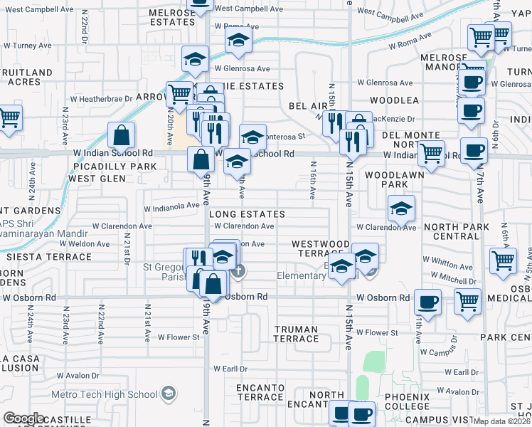 map of restaurants, bars, coffee shops, grocery stores, and more near 1713 West Indianola Avenue in Phoenix