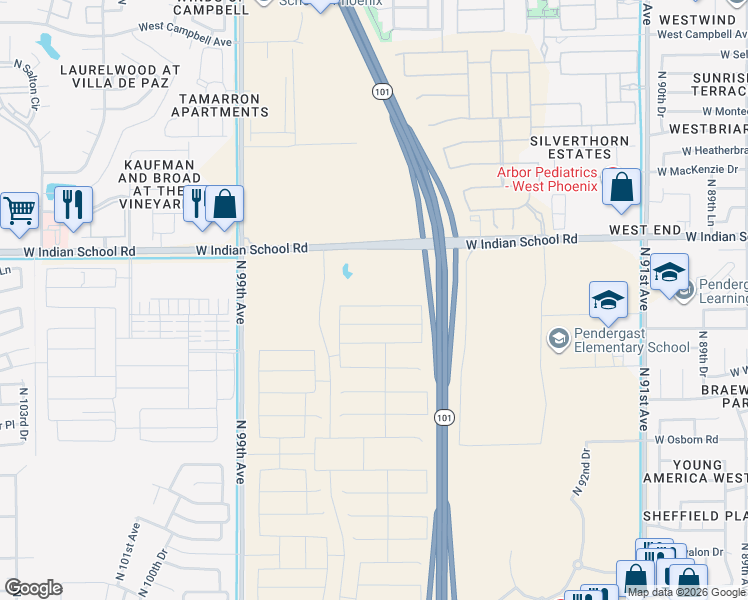 map of restaurants, bars, coffee shops, grocery stores, and more near 9701 West Indian School Road in Phoenix