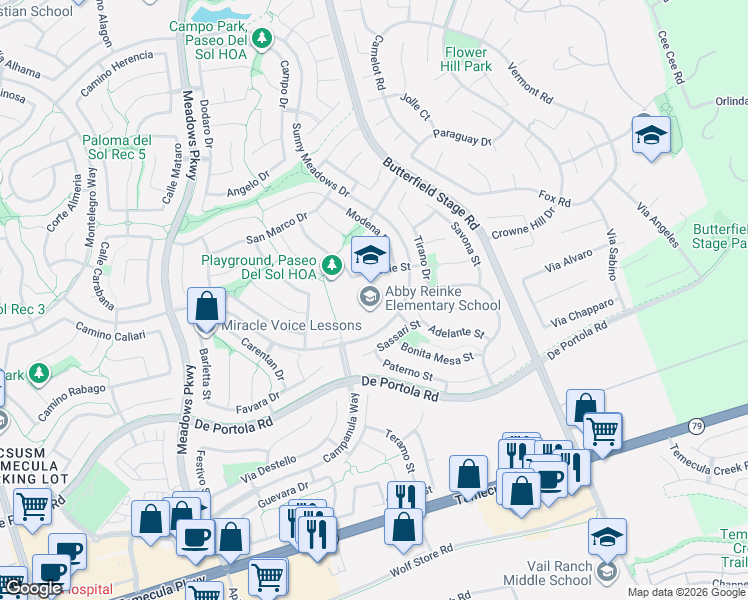 map of restaurants, bars, coffee shops, grocery stores, and more near 43799 Sunny Meadows Drive in Temecula