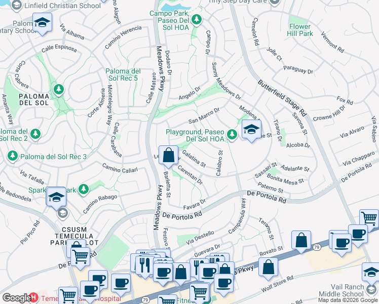 map of restaurants, bars, coffee shops, grocery stores, and more near 32426 Galatina Street in Temecula