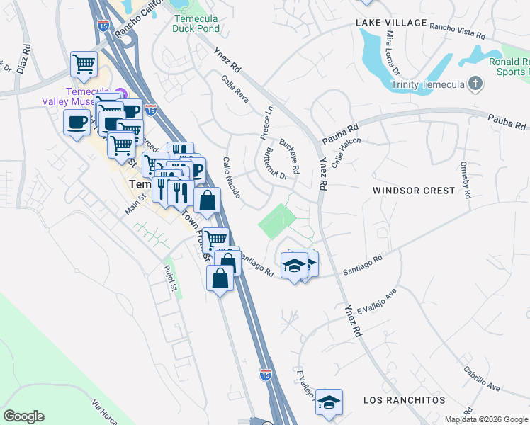 map of restaurants, bars, coffee shops, grocery stores, and more near 43553 Calle Nacido in Temecula