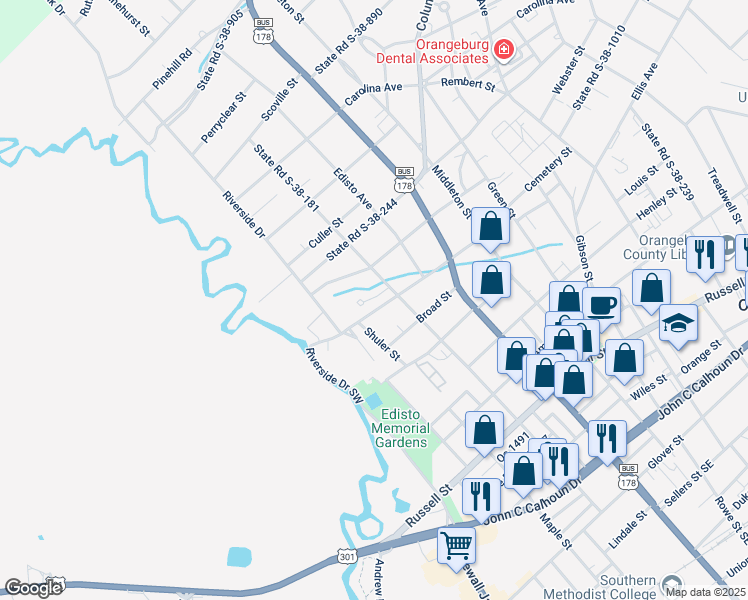 map of restaurants, bars, coffee shops, grocery stores, and more near 213 State Road S-38-1186 in Orangeburg