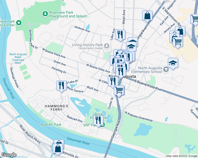 map of restaurants, bars, coffee shops, grocery stores, and more near 217 West Clifton Avenue in North Augusta
