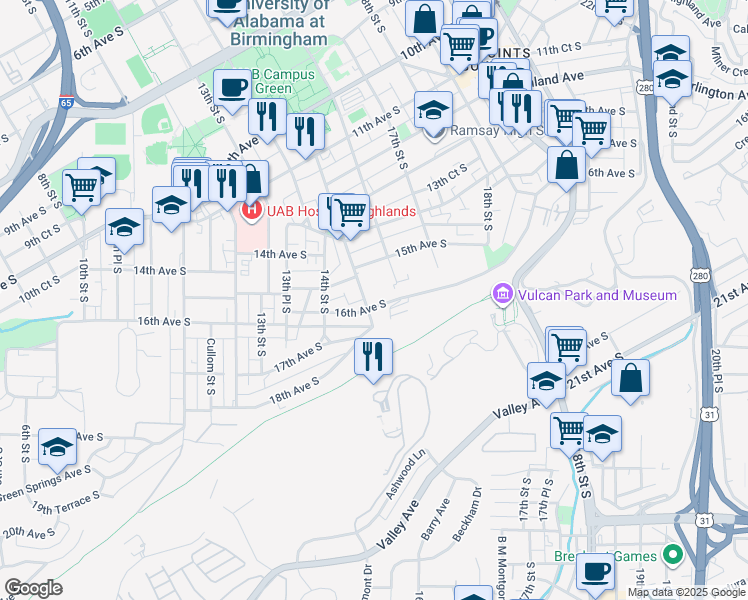 map of restaurants, bars, coffee shops, grocery stores, and more near 1516 16th Avenue South in Birmingham