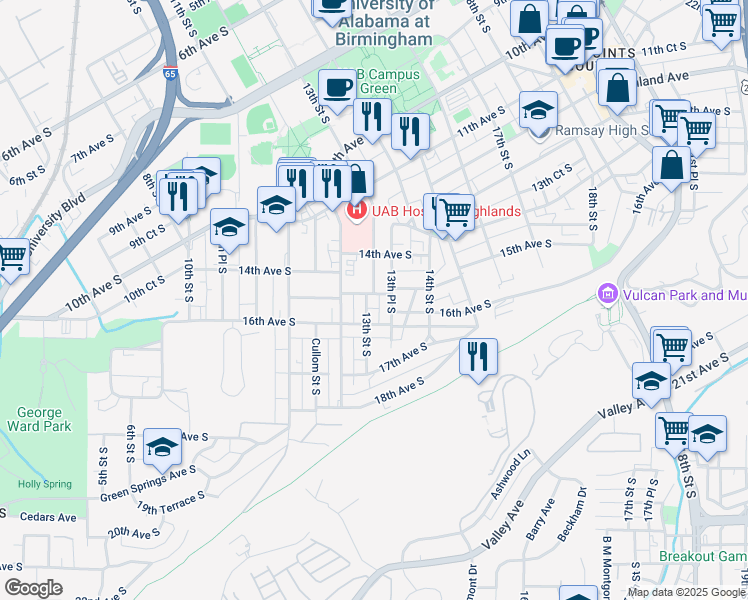 map of restaurants, bars, coffee shops, grocery stores, and more near 1500 13th Place South in Birmingham