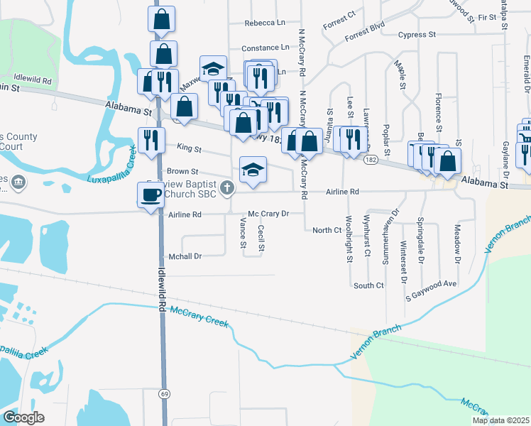 map of restaurants, bars, coffee shops, grocery stores, and more near 221-225 Mccrary Drive in Columbus