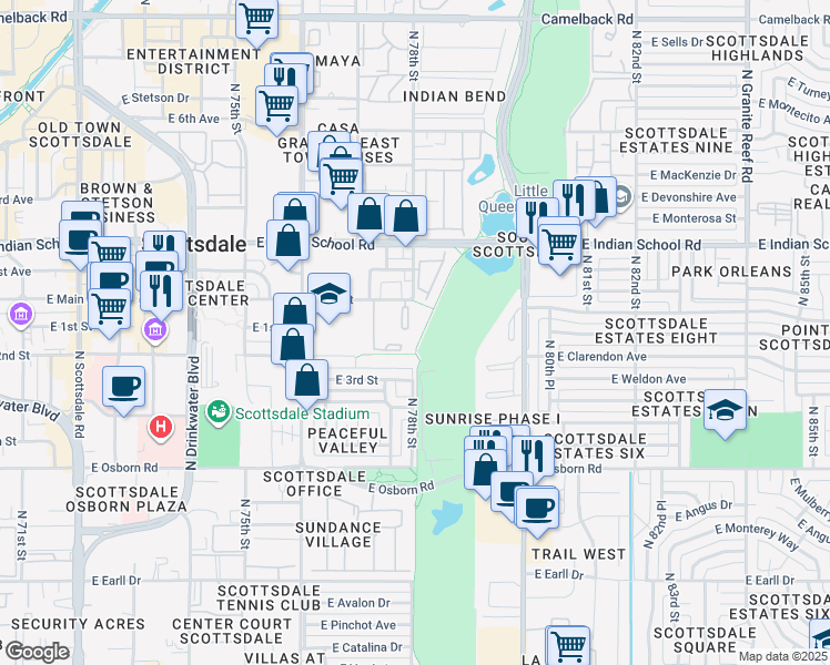 map of restaurants, bars, coffee shops, grocery stores, and more near 7777 East Main Street in Scottsdale
