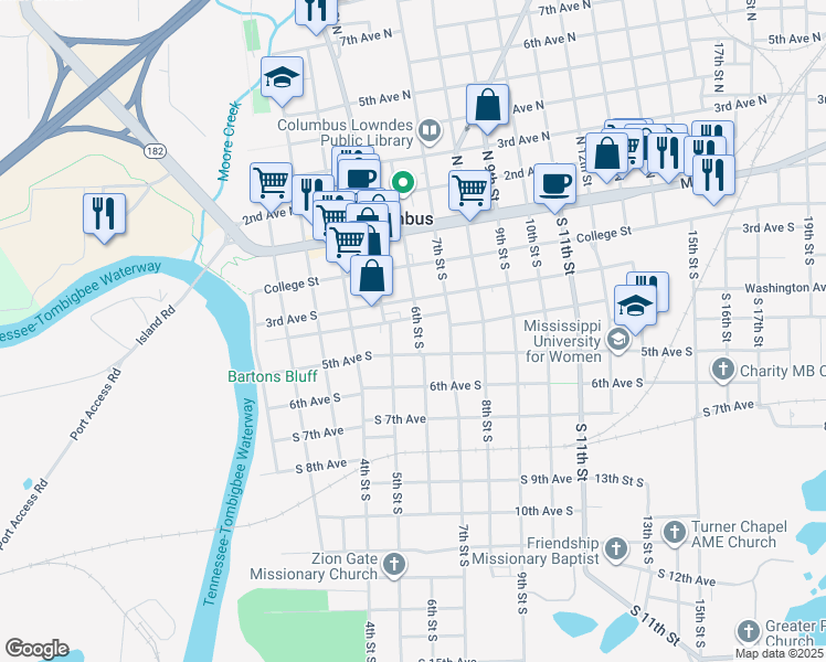 map of restaurants, bars, coffee shops, grocery stores, and more near 406 6th Street South in Columbus