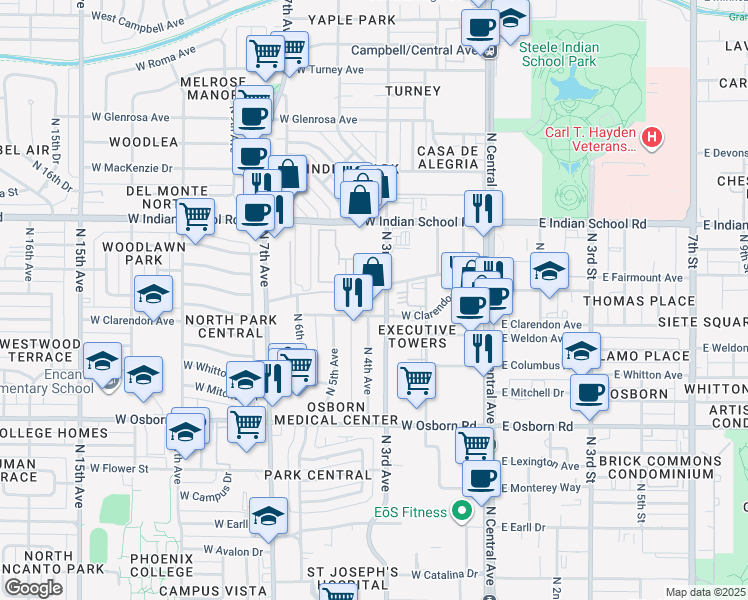 map of restaurants, bars, coffee shops, grocery stores, and more near 300 West Clarendon Avenue in Phoenix