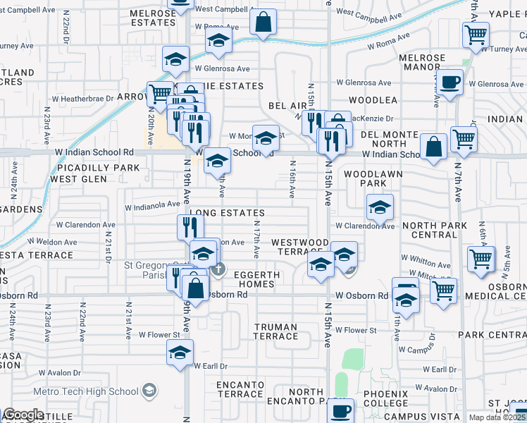 map of restaurants, bars, coffee shops, grocery stores, and more near 1629 West Indianola Avenue in Phoenix