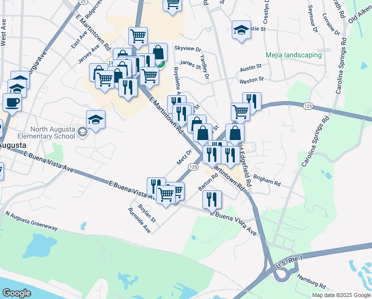 map of restaurants, bars, coffee shops, grocery stores, and more near 476 Metz Drive in North Augusta