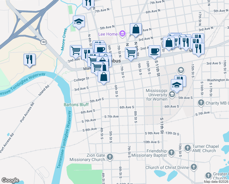 map of restaurants, bars, coffee shops, grocery stores, and more near 406 6th Street South in Columbus