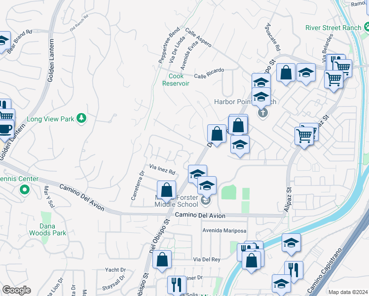 map of restaurants, bars, coffee shops, grocery stores, and more near 25701 Windjammer Drive in San Juan Capistrano
