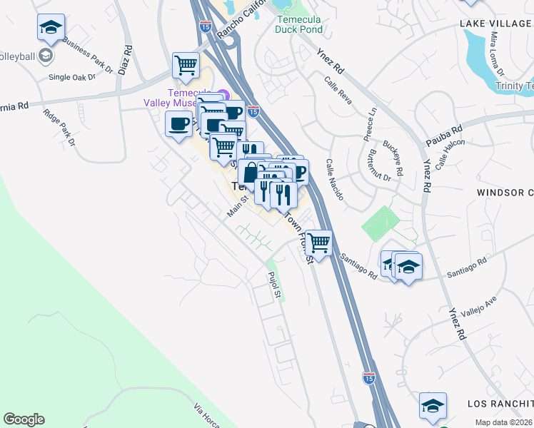 map of restaurants, bars, coffee shops, grocery stores, and more near 42081 3rd Street in Temecula