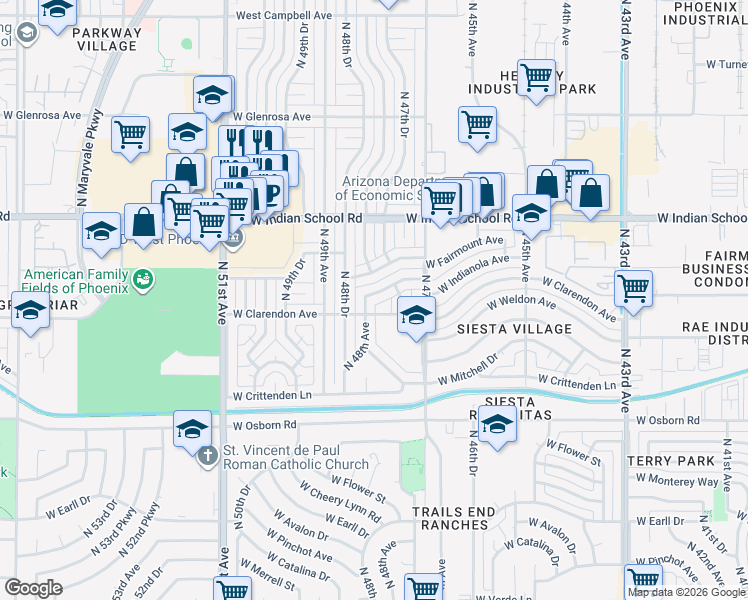 map of restaurants, bars, coffee shops, grocery stores, and more near 4751 West Indianola Avenue in Phoenix