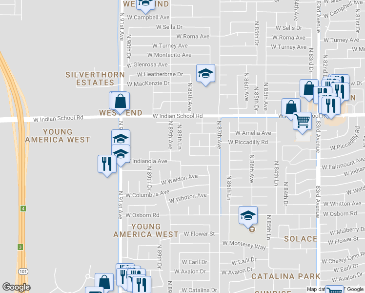 map of restaurants, bars, coffee shops, grocery stores, and more near 3843 North 88th Lane in Phoenix