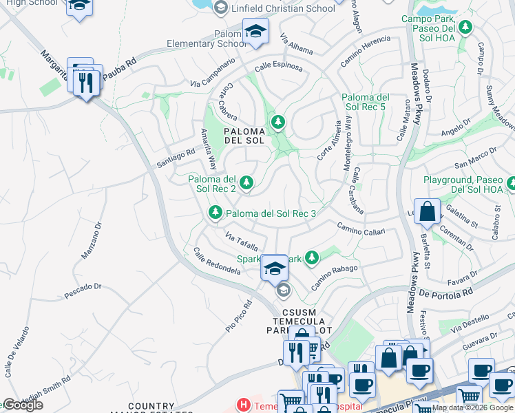 map of restaurants, bars, coffee shops, grocery stores, and more near 31880 Corte Algete in Temecula