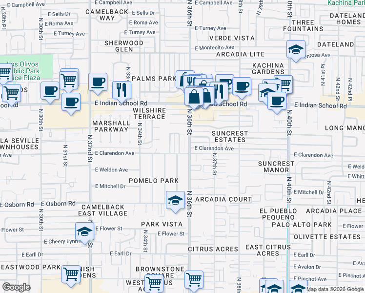 map of restaurants, bars, coffee shops, grocery stores, and more near 3809 North 35th Place in Phoenix