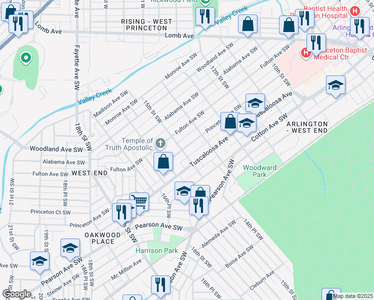 map of restaurants, bars, coffee shops, grocery stores, and more near 1441 Princeton Avenue Southwest in Birmingham