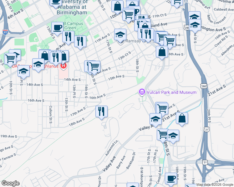 map of restaurants, bars, coffee shops, grocery stores, and more near 1615 16th Avenue South in Birmingham