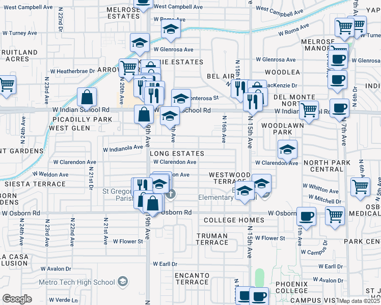 map of restaurants, bars, coffee shops, grocery stores, and more near 1713 West Indianola Avenue in Phoenix