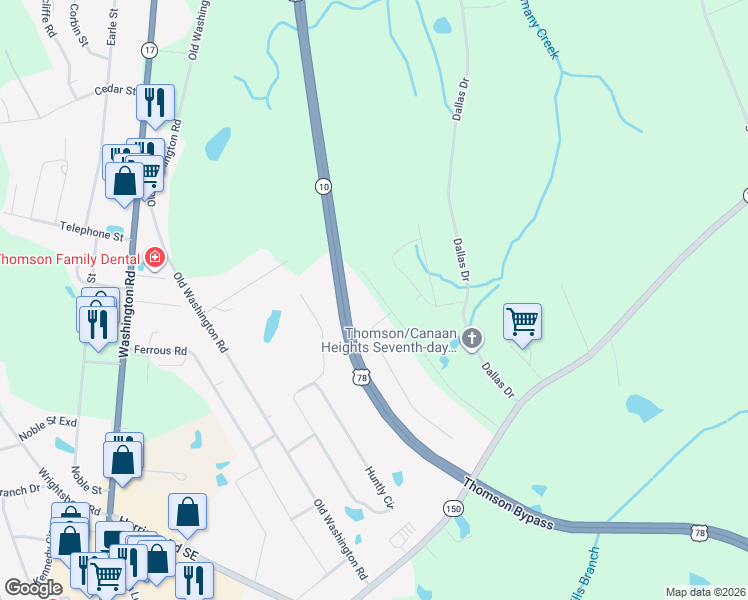 map of restaurants, bars, coffee shops, grocery stores, and more near 1257 Harrison Drive in Thomson