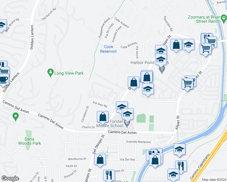 map of restaurants, bars, coffee shops, grocery stores, and more near 25701 Windjammer Drive in San Juan Capistrano