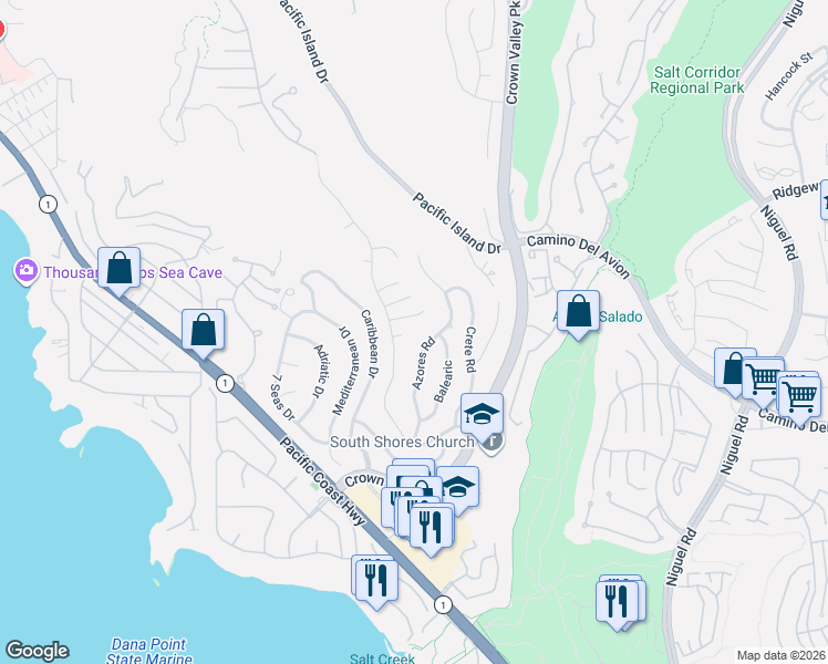 map of restaurants, bars, coffee shops, grocery stores, and more near 23262 Ellice Circle in Dana Point