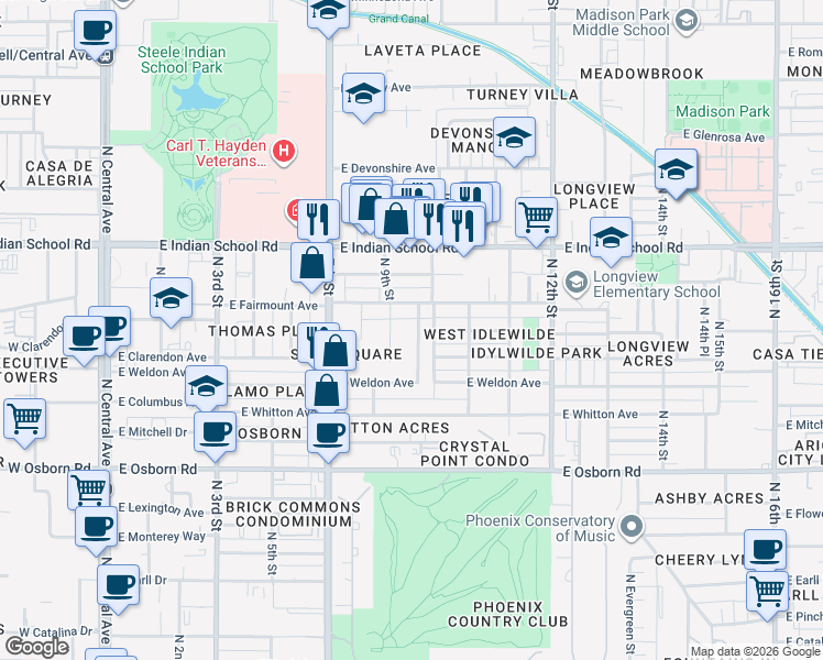 map of restaurants, bars, coffee shops, grocery stores, and more near 3828 North 9th Place in Phoenix