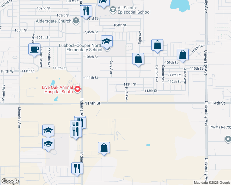 map of restaurants, bars, coffee shops, grocery stores, and more near 3123 113th Street in Lubbock