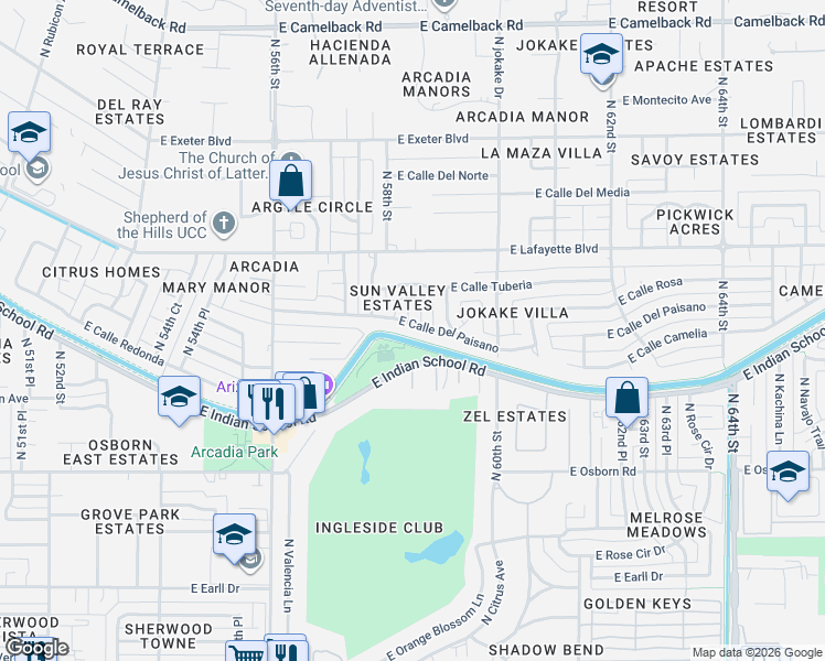 map of restaurants, bars, coffee shops, grocery stores, and more near 5833 East Calle Del Paisano in Phoenix