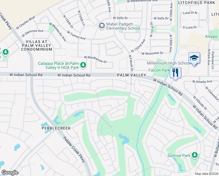 map of restaurants, bars, coffee shops, grocery stores, and more near 15401 Piccadilly Road in Goodyear