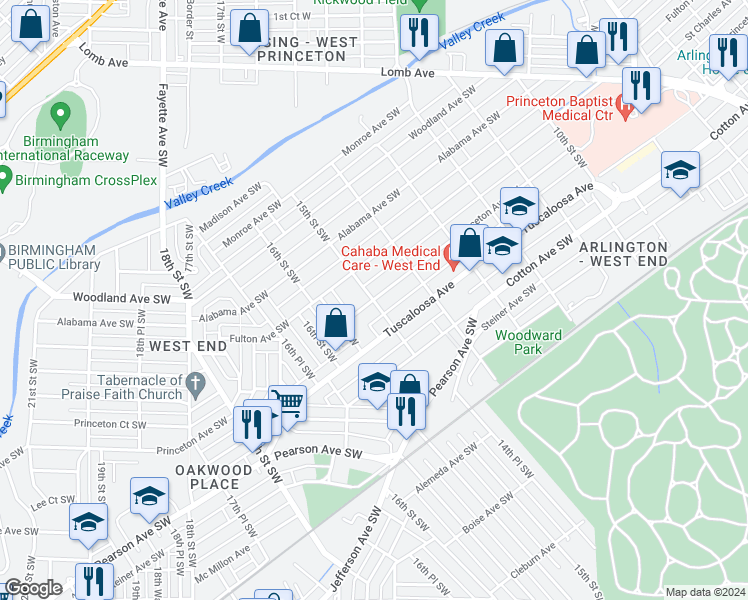 map of restaurants, bars, coffee shops, grocery stores, and more near 1498 Princeton Avenue Southwest in Birmingham
