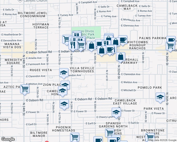 map of restaurants, bars, coffee shops, grocery stores, and more near 2940 East Clarendon Avenue in Phoenix