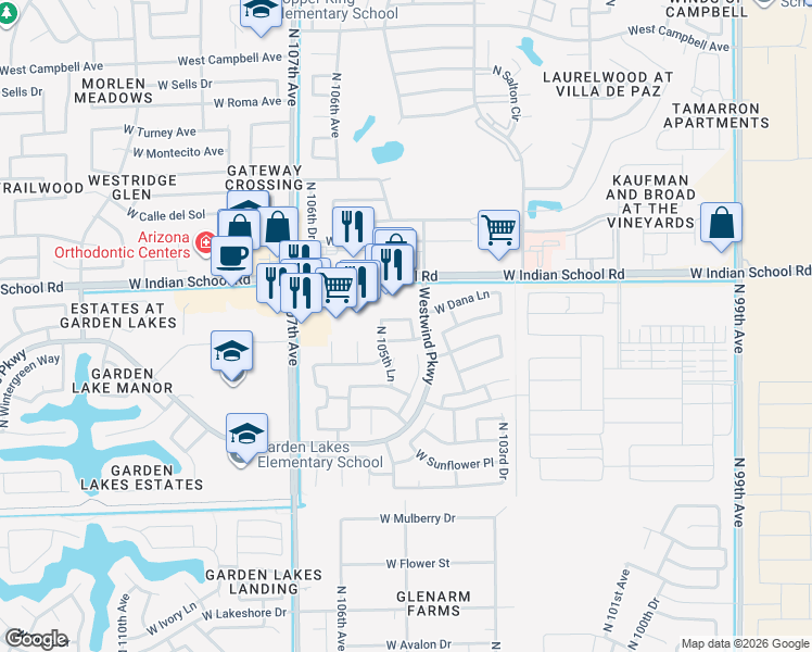map of restaurants, bars, coffee shops, grocery stores, and more near 10557 West Dana Lane in Avondale