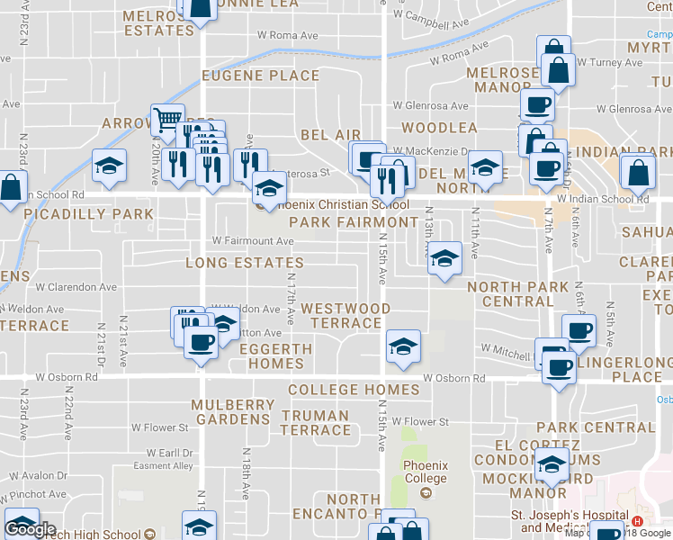map of restaurants, bars, coffee shops, grocery stores, and more near 1549 West Indianola Avenue in Phoenix