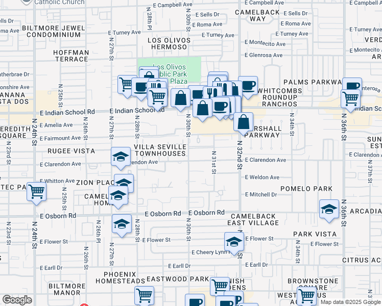 map of restaurants, bars, coffee shops, grocery stores, and more near 3807 North 30th Street in Phoenix